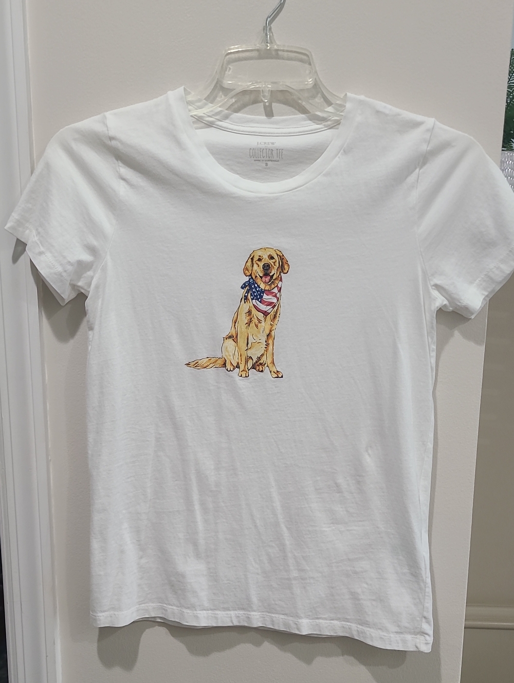 J. Crew White Cotton Collector's Tee Patriotic Anericana Golden Retriever Sz S